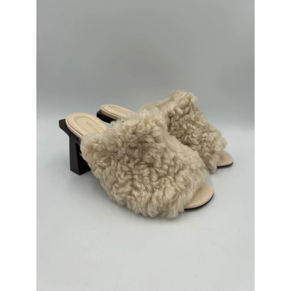Tory Burch Cream Shearling Fur Mules Block Heel Slides Leather Sole Size 6.5